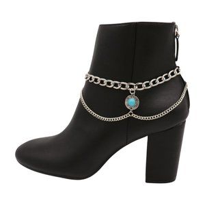 Women Silver Metal Boot Chain Bracelet Shoe Anklet PAIR Turquoise Coin Charm 2PC